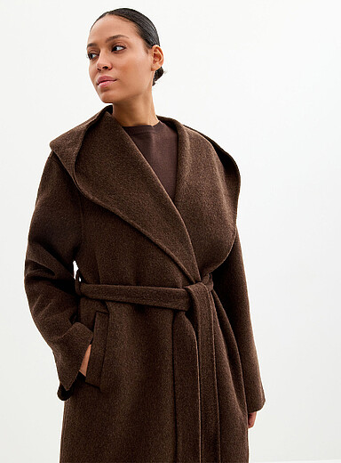 Contemporaine Brown Hooded shawl collar felted coat for women