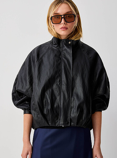 Ic&ocirc;ne Black Slouchy faux-leather funnel-neck bubble jacket for women