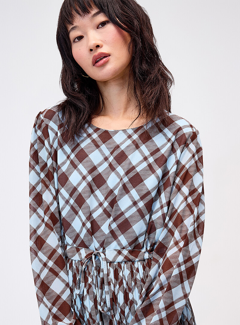 Twik Patterned Blue Pleated check maxi dress for women