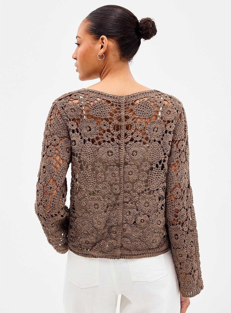 Contemporaine Ecru/Linen Floral pattern crocheted cardigan for women