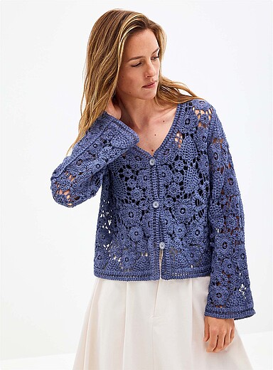 Contemporaine Ecru/Linen Floral pattern crocheted cardigan for women