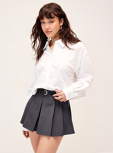 Twik Charcoal Pinstripes belted pleated miniskirt for women