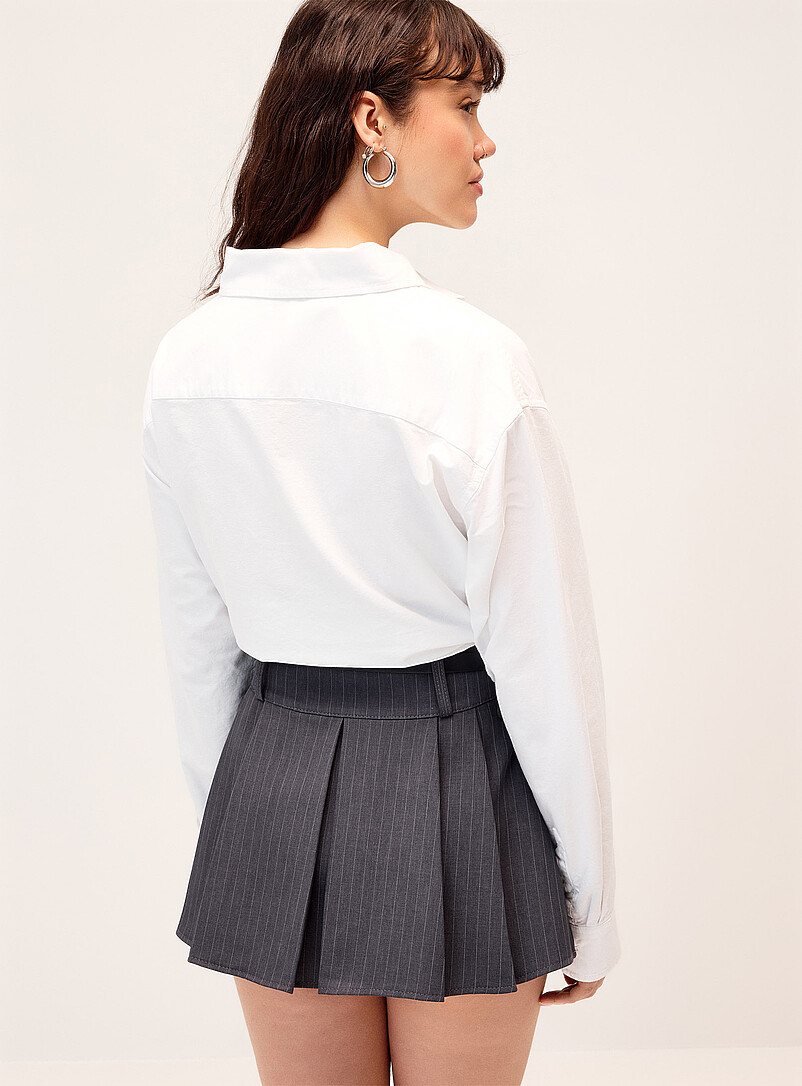 Twik Charcoal Pinstripes belted pleated miniskirt for women