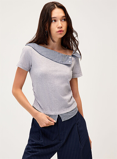 Layered effect checkered T-shirt