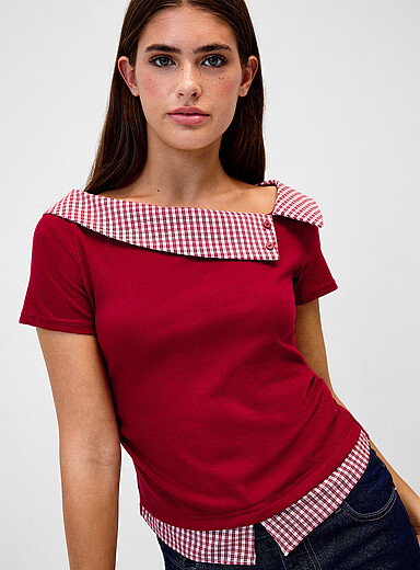 Layered effect checkered T-shirt