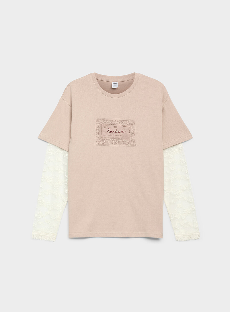 Twik: Le t-shirt effet superposition manches dentelle Noir pour femme
