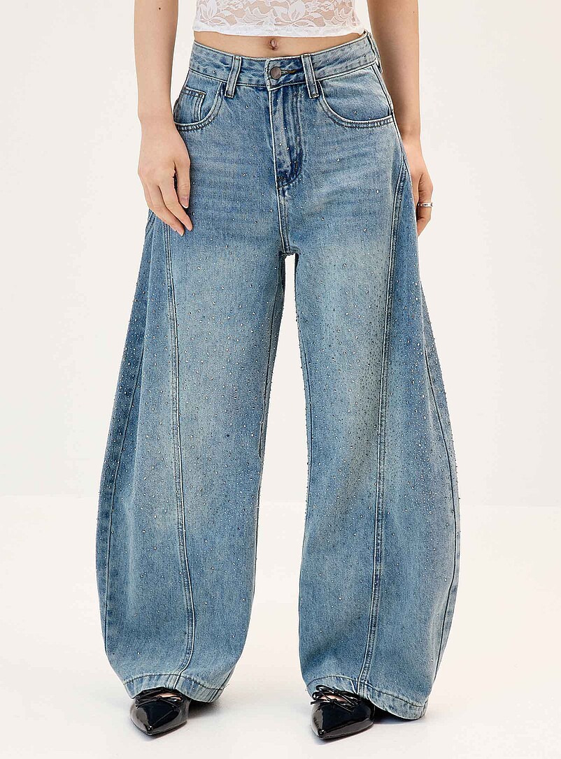Twik Light wash Rhinestone barrel-leg jean for women