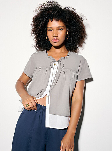 Ic&ocirc;ne Grey Overlaid effect tie-up blouse for women