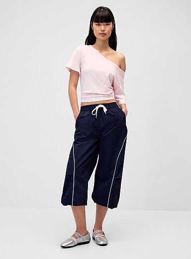 Twik: Le pantalon ballon toile rayures contrastes Bleu marine - Bleu nuit pour femme