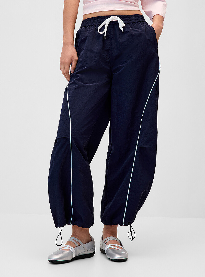 Twik Black Contrasting stripes canvas barrel-leg pant for women