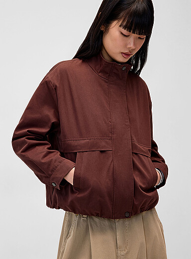 Twik: Le blouson twill col montant boutonn&eacute; Chocolat - Espresso pour femme