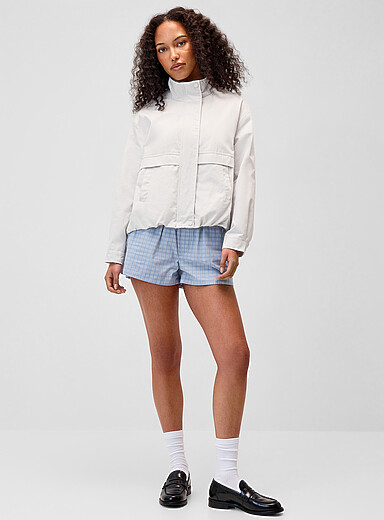 Twik Grey Buttoned stand collar twill jacket for women