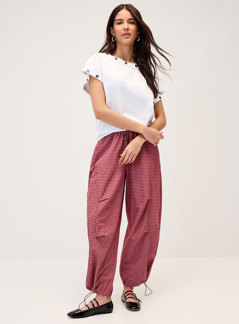 Twik Patterned Black Checkered poplin barrel-leg pant for women