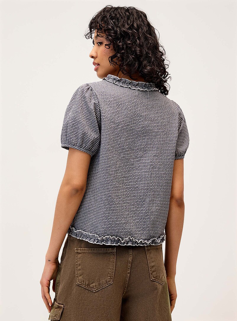 Twik Navy/Midnight Blue Seersucker puff-sleeve check shirt for women