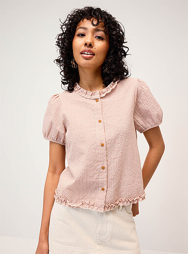 Seersucker puff-sleeve check shirt