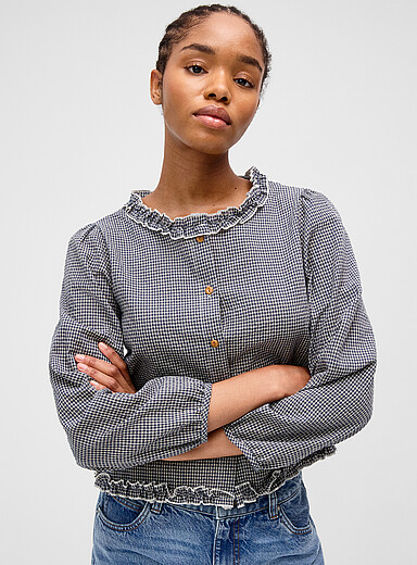 Twik Grey Ruffled trim cropped shirt for women