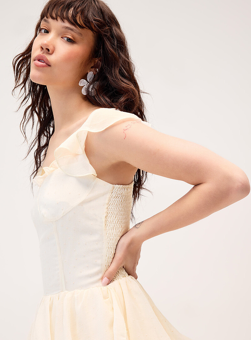 Twik Cream white Ruffles and textured polka dots minidress for women