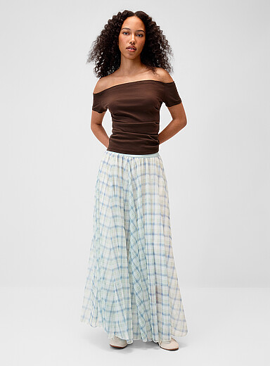 Twik: La jupe maxi chiffon &agrave; carreaux Bleu p&acirc;le - Bleu ciel pour femme