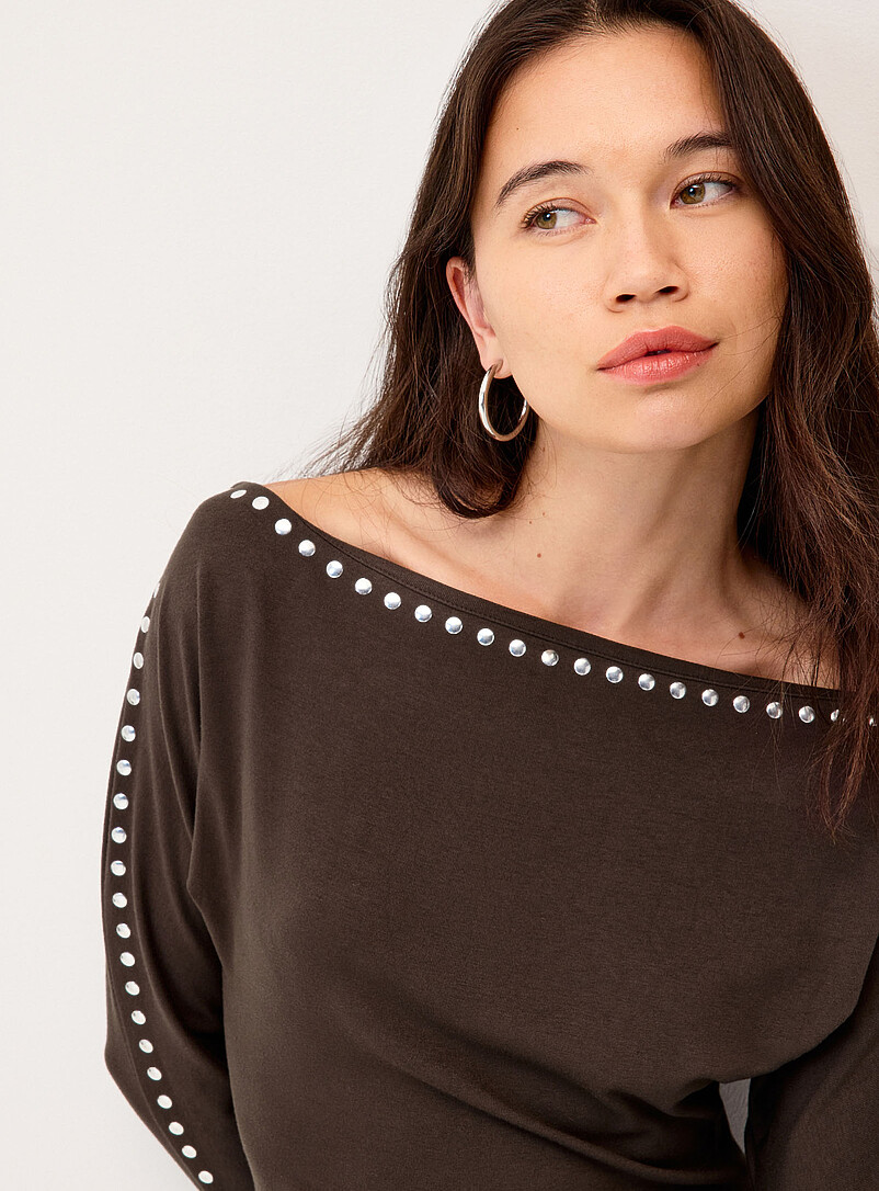 Twik Taupe Studded trim T-shirt for women