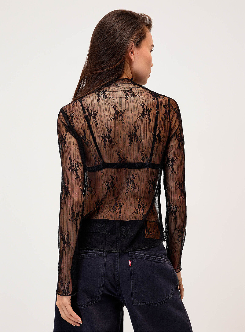 Twik Off White Stripes and flowers lace mock-neck T-shirt for women
