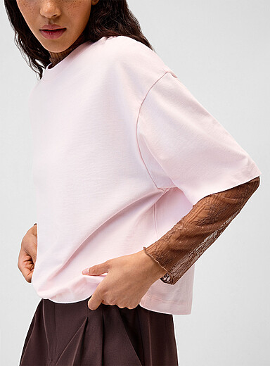 Stripes and flowers lace mock-neck T-shirt