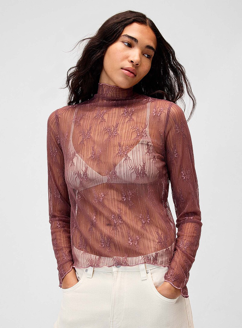 Twik Off White Stripes and flowers lace mock-neck T-shirt for women