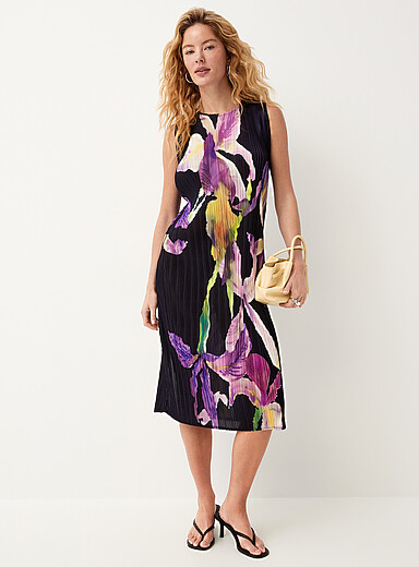 Printed pleated-texture sleeveless midi dress