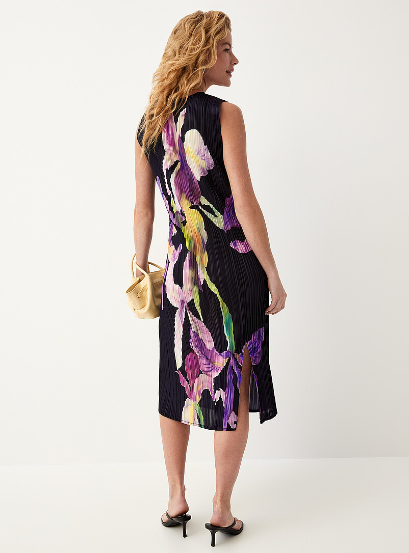 Ic&ocirc;ne: La robe midi imprim&eacute;e sans manches texture pliss&eacute;e Noir &agrave; motifs pour femme