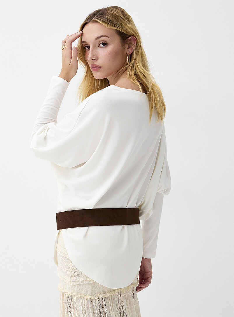 Ic&ocirc;ne: Le t-shirt ceintur&eacute; col bateau manches chauve-souris Blanc pour femme