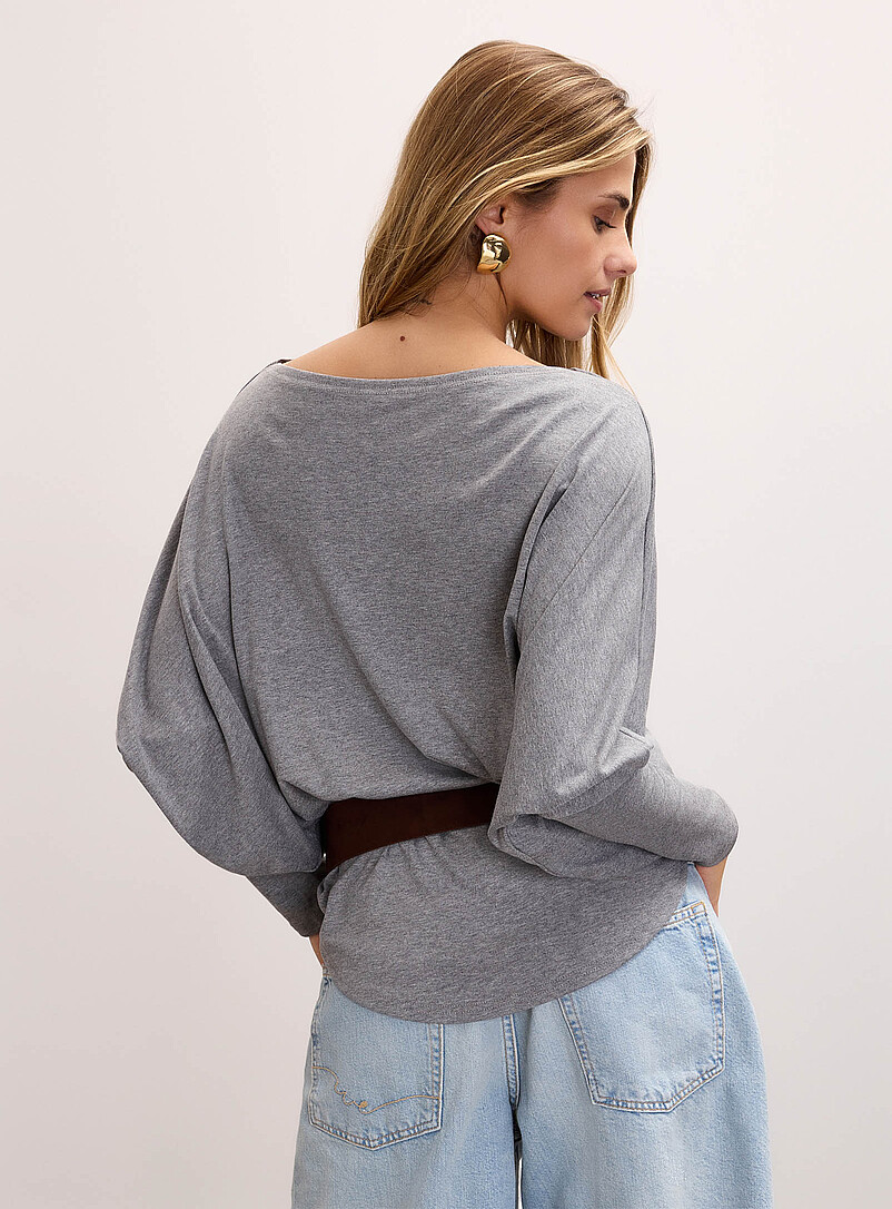 Ic&ocirc;ne Grey Batwing-sleeve boat-neck belted T-shirt for women