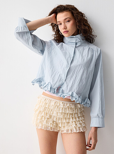 Twik: La blouse col chemin&eacute;e toile craquante Bleu p&acirc;le - Bleu ciel pour femme