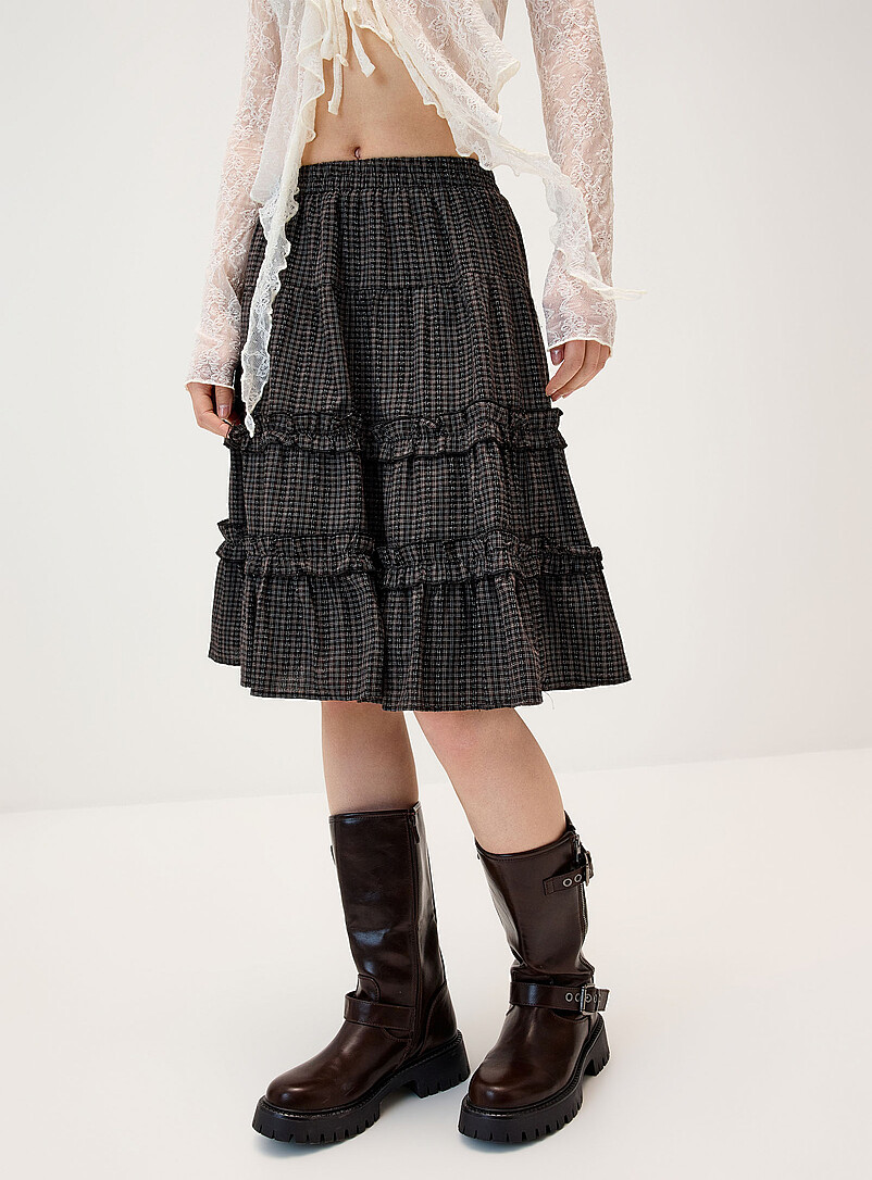 Twik Patterned Blue Checked tiered midi skirt for women