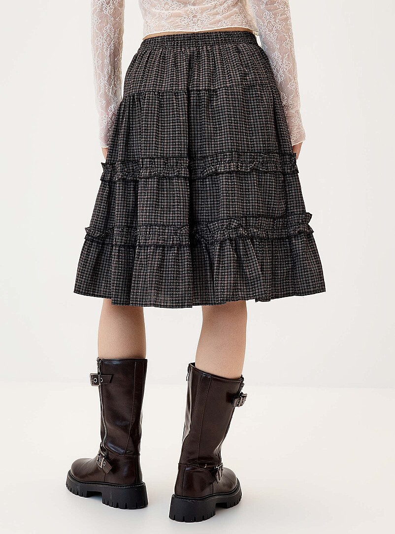 Twik Patterned Blue Checked tiered midi skirt for women