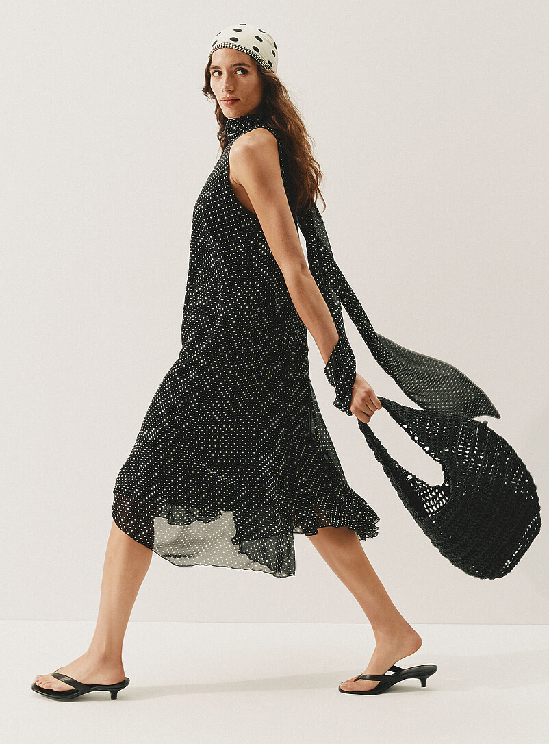 Asymmetric Polka-Dotted Chiffon Scarf-Collar Dress