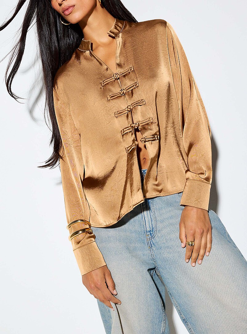 Frog toggle crinkled satin blouse product image (primary)