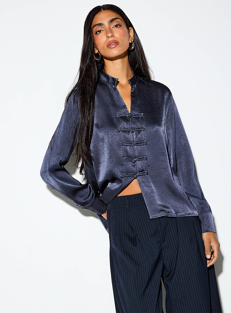 Frog Toggle Crinkled Satin Blouse