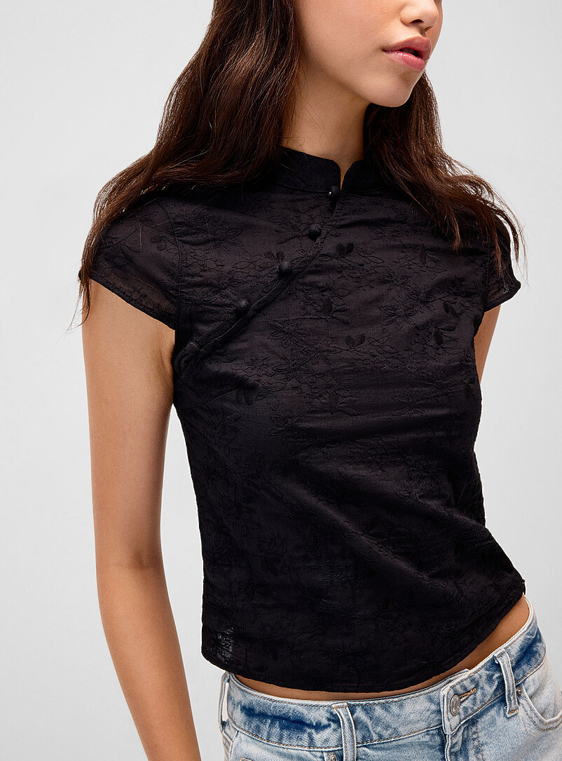 Floral embroidery buttoned collar T-shirt product image (primary)