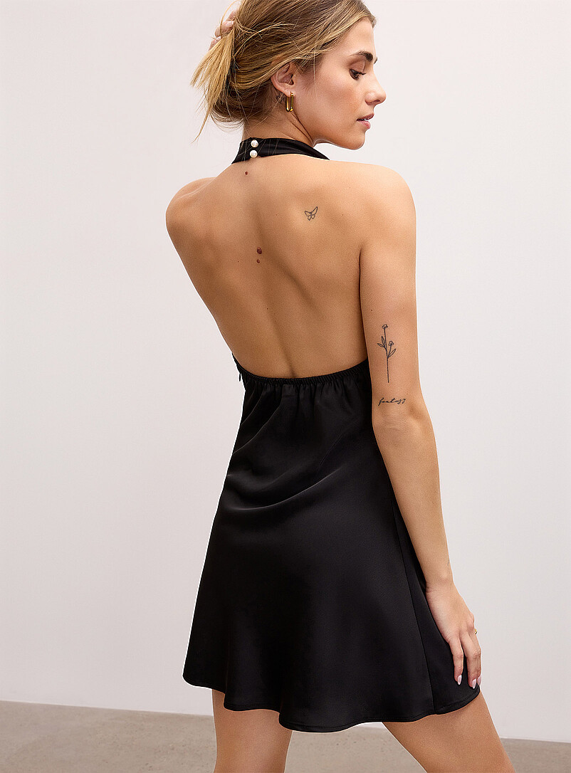 Open-back halter neckline satiny minidress product image (primary)
