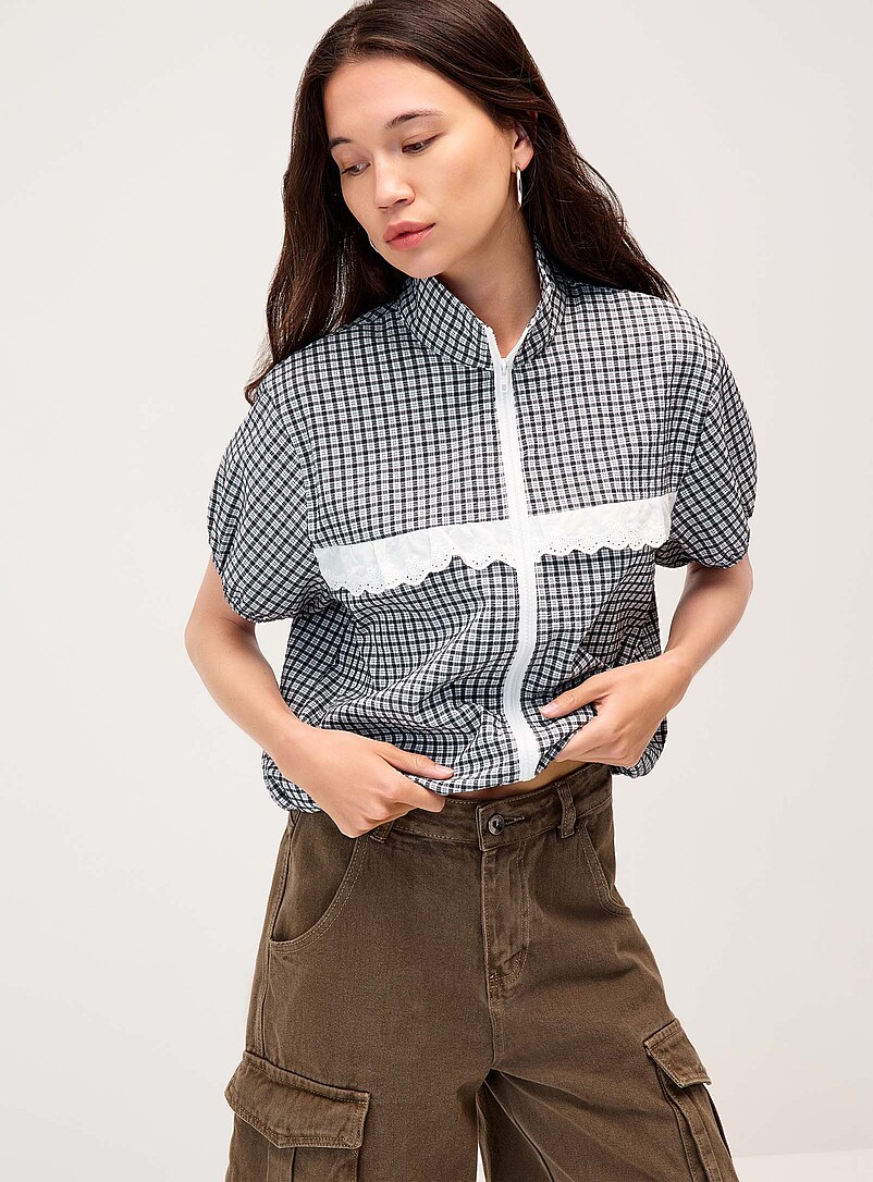 Plaid and lace zip shirt product image (primary)