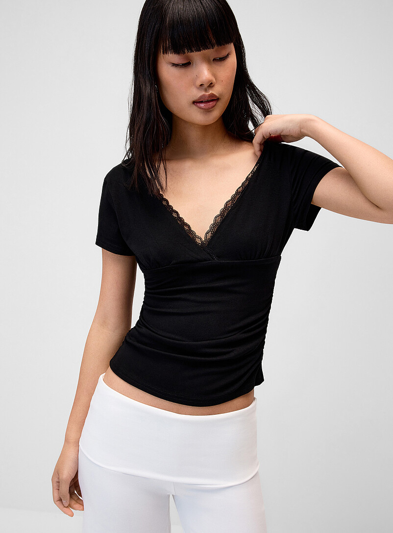 Lace trim V-neck T-shirt product image 2