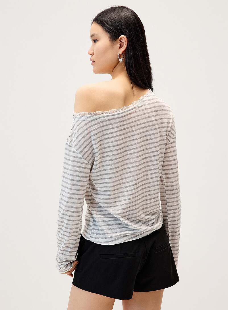 Striped lace-trim boat-neck T-shirt product image 3