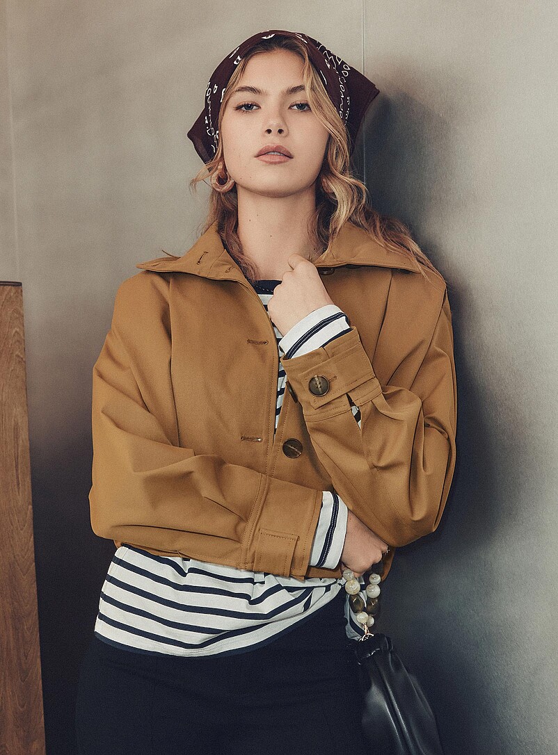 Cropped Stand-Collar Box-Pleat Jacket