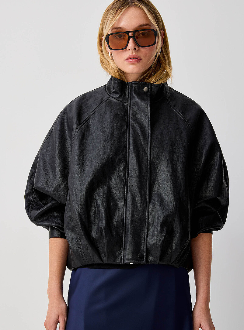 Slouchy faux-leather funnel-neck bubble jacket product image (primary)
