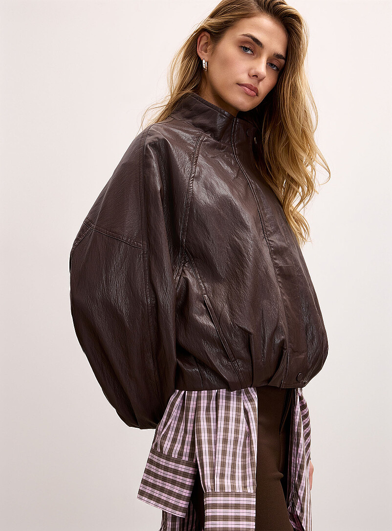 Slouchy Faux-Leather Funnel-Neck Bubble Jacket