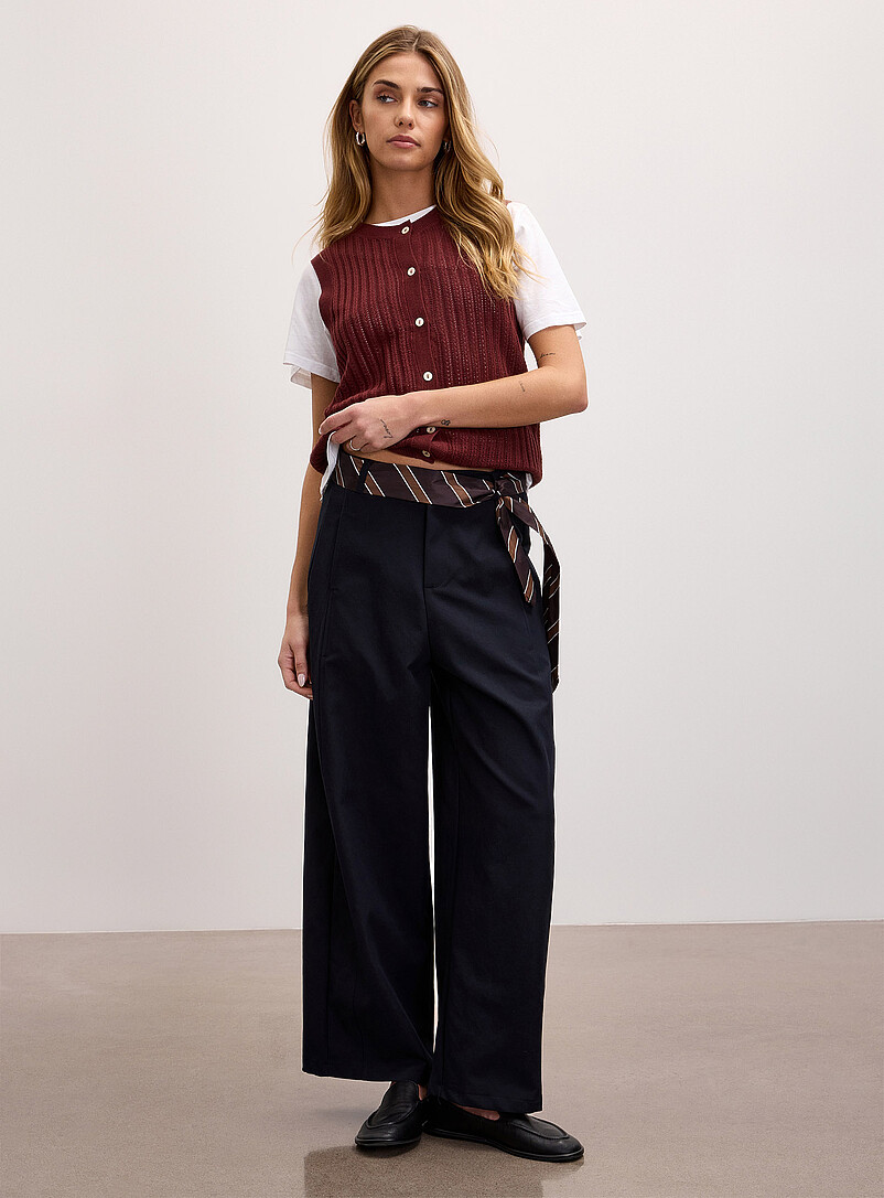 Tie-Belt Stretch Twill Barrel-Leg Pant