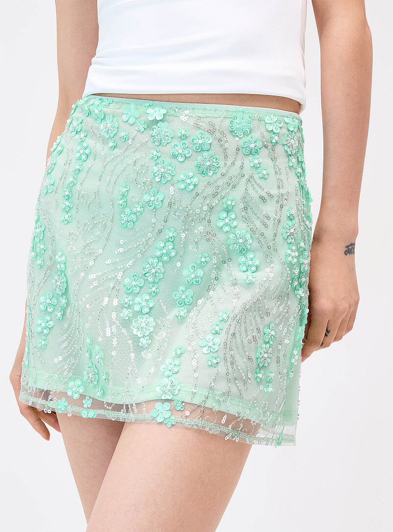 Flowers, sequins and pearls turquoise miniskirt product image 2