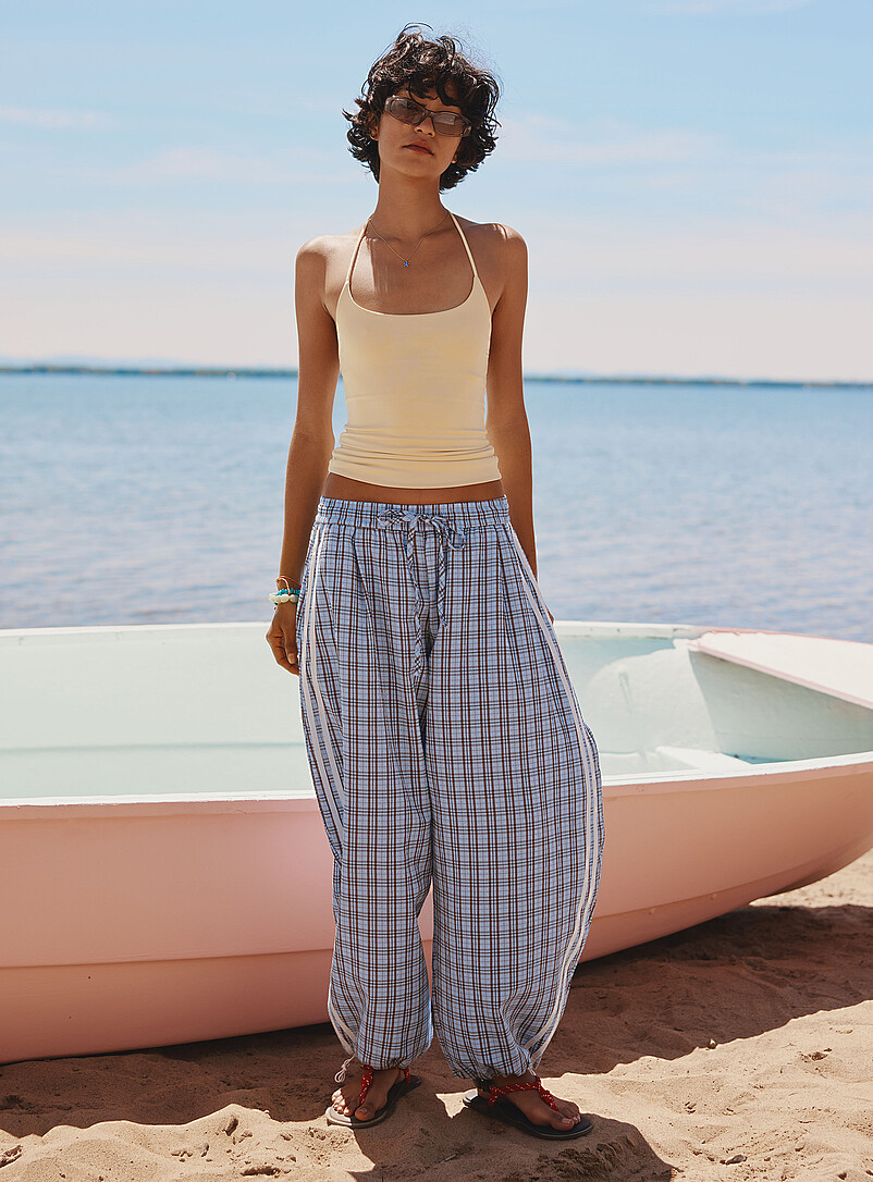 Checked Seersucker Barrel-Leg Pant
