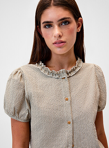 Seersucker puff-sleeve check shirt product image 3