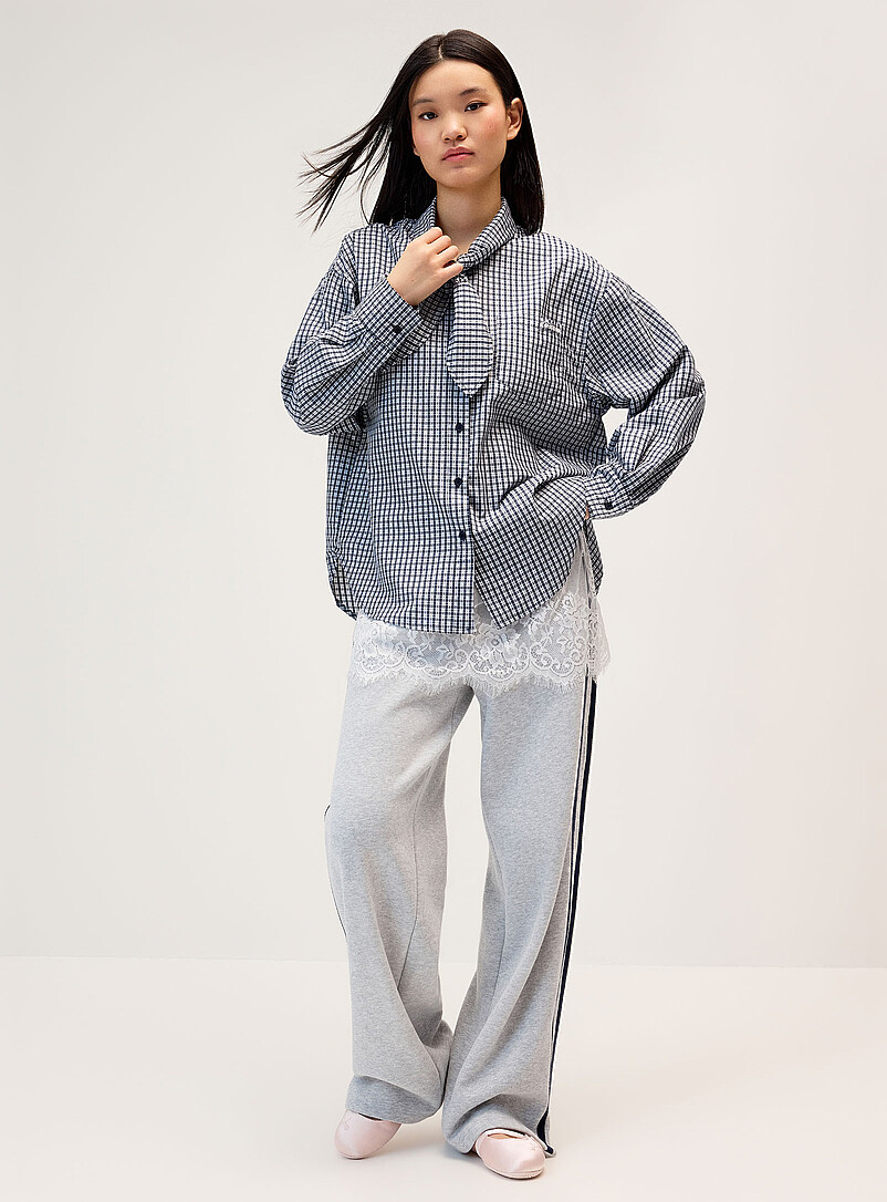 Tie-ribbon collar checkered poplin shirt product image 2