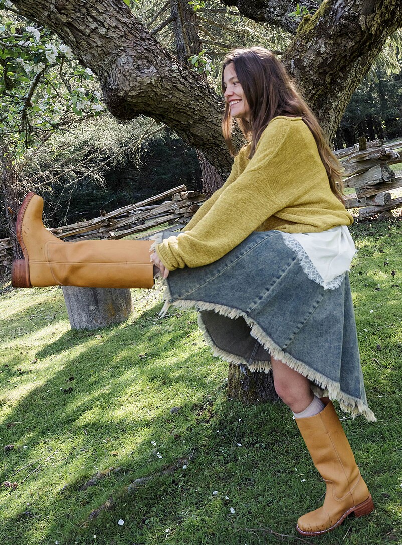 Asymmetric-hem denim midi skirt product image (primary)